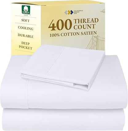 California Design Den Twin XL Sheets Set - Soft 400 Thread Count Sateen, Natural 100% Cotton Sheets, Deep Pockets with All Around Elastic for a Snug Fit, Durable Bedding Set - White