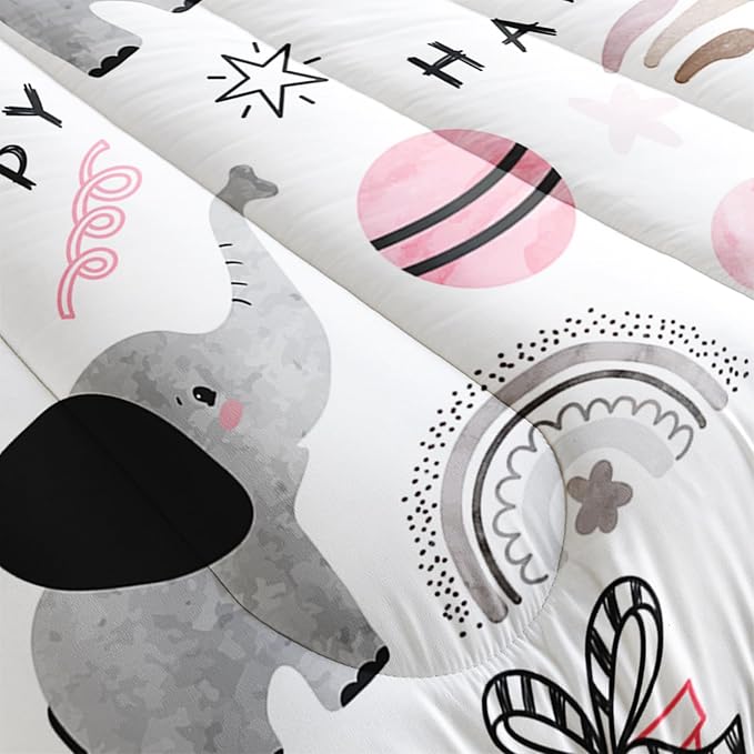 Pink Elephant Comforter Set Twin Size, Rainbow and Balloon Comforter for Kids Girls, Cute Cartoom Animal Soft Comforter Set with 1 Comforter+2 Pillowcases for Bedroom Bed Deco