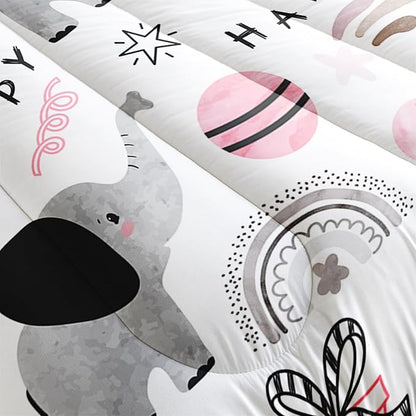 Pink Elephant Comforter Set Twin Size, Rainbow and Balloon Comforter for Kids Girls, Cute Cartoom Animal Soft Comforter Set with 1 Comforter+2 Pillowcases for Bedroom Bed Deco