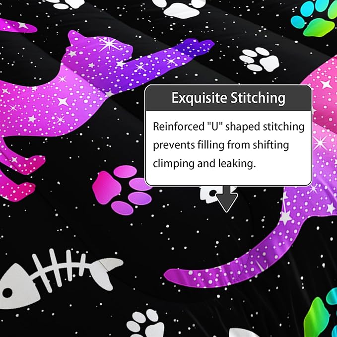 Axolotl Kids Gradient Cat Comforter Set King,3Pcs Cute Cats Bedding,Cartoon Paw Fish Bone Print Quilt Set with 1 Comforter 2 Pillowcases,Glitter Stars Bedding for Kids Boys Girls Teens Adults