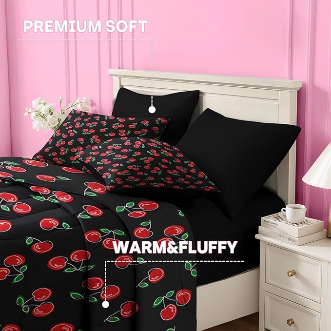 Nesker 7 Pcs Comforter Set Full Size, Retro Red Black Bedding for Kids Teen, Cherry Fruit Bed Sheet with Pillowcase & Sham