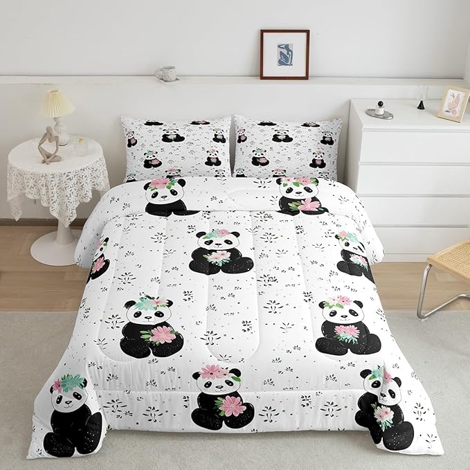 Cartoon Panda Comforter Set Queen Size Watercolor Flower Bedding Set Kids Boys Girls Cute Tropical Animal All Season Quilt Set Black White Bedding Comforter Sets,3Pcs