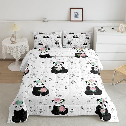 Cartoon Panda Comforter Set Queen Size Watercolor Flower Bedding Set Kids Boys Girls Cute Tropical Animal All Season Quilt Set Black White Bedding Comforter Sets,3Pcs