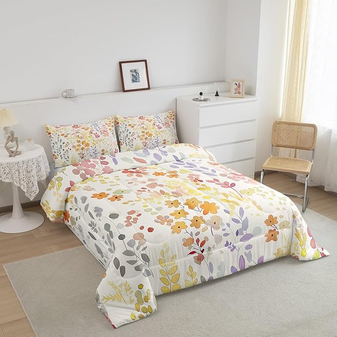 Erosebridal Boho Floral Full Comforter Set for Kids Girls Women,Cute Colorful Flowers Bedding Set Rustic Country Home Decor,Bohemian Wild Flower Quilt Bed Set Watercolor Bed Comforter Set 3Pcs