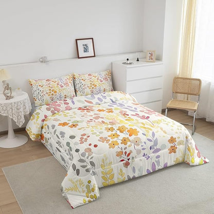 Erosebridal Boho Floral Full Comforter Set for Kids Girls Women,Cute Colorful Flowers Bedding Set Rustic Country Home Decor,Bohemian Wild Flower Quilt Bed Set Watercolor Bed Comforter Set 3Pcs