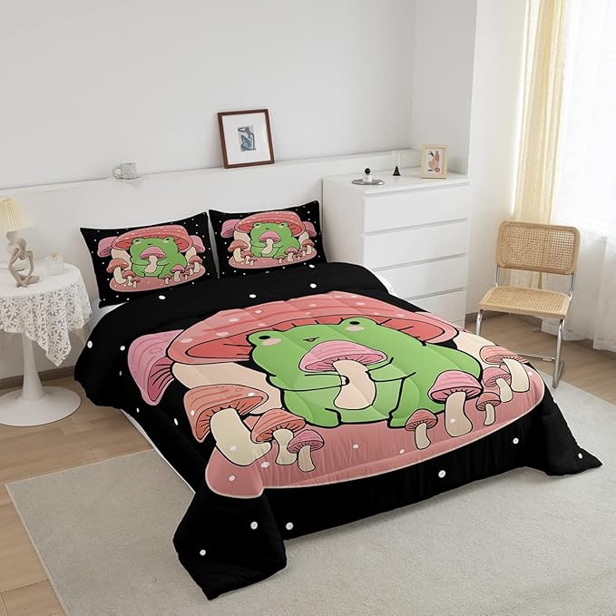 Feelyou Cartoon Mushroom Frog Bedding Set Cute Frog Comforter Set for Kids Boys Girls Natural Wild Fungus Comforter Pink Mushroom Inner Fill Duvet Set 1 Comforter Set with 2 Pillowcases Queen Size