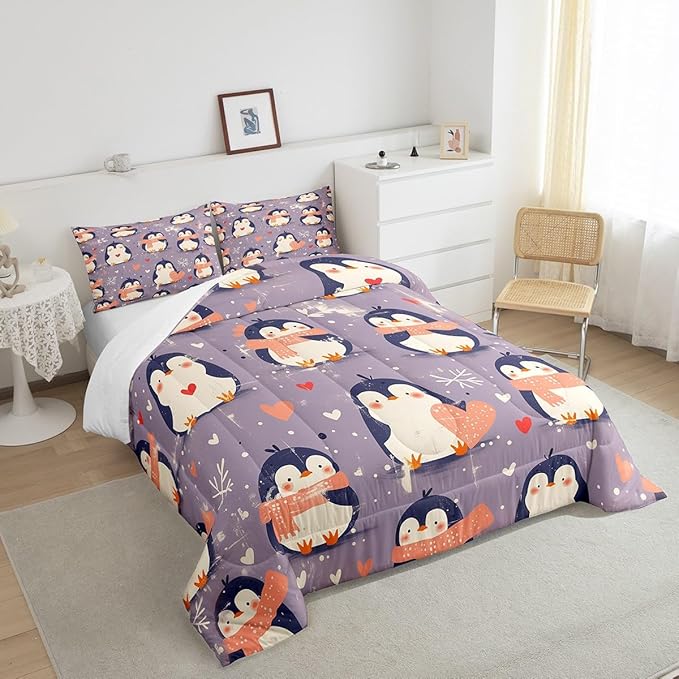 Kawaii Penguin Bedding Set King Size Pink Love Heart Comforter for Child Teens Cartoon Antarctic Animals Down Comforter Winter Snowflake Duvet Insert with 2 Pillowcases