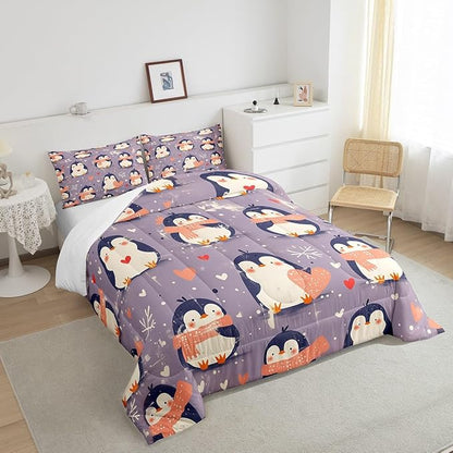 Kawaii Penguin Bedding Set Twin Size Pink Love Heart Comforter for Child Teens Cartoon Antarctic Animals Down Comforter Winter Snowflake Duvet Insert with 1 Pillowcase