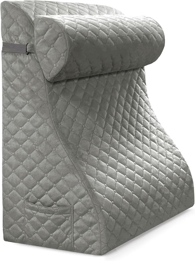 Daneey Reading Pillows for Sitting in Bed Adult Back Pillow for Bed Sitting Up, Back Support Pillow for Bed with Adjustable Roller, Foam Wedge Pillow for Neck, Lumbar, Back, Gray, 20 * 12 * 26IN