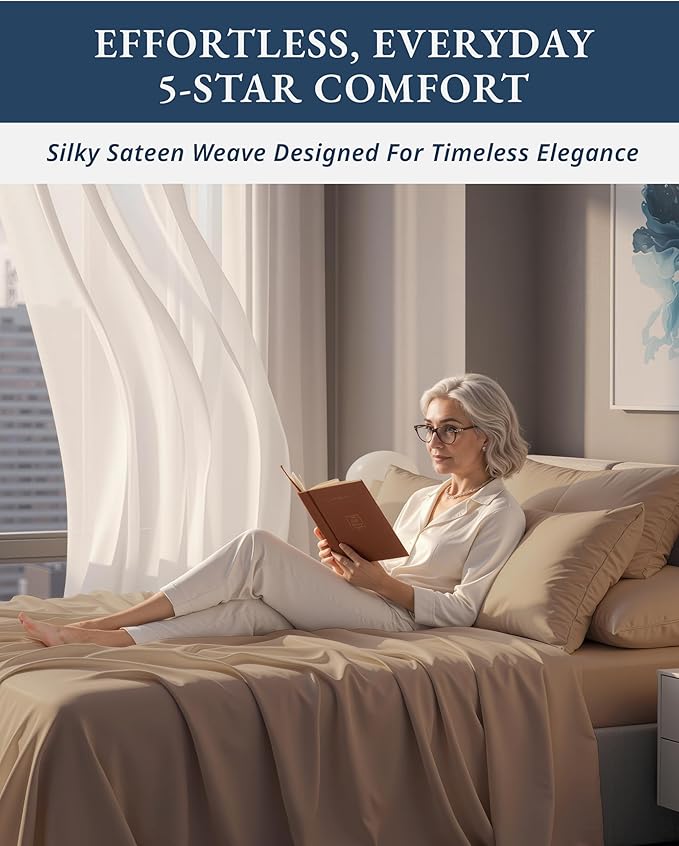 100% Egyptian Cotton Sheet Set Queen Size – Silky Sateen Weave Queen Sheet Set for Winter Sleep Comfort, 15" Snug Fit Deep Pocket, Breathable & Durable, Hotel-Quality Soft Luxury You Can Feel - Taupe