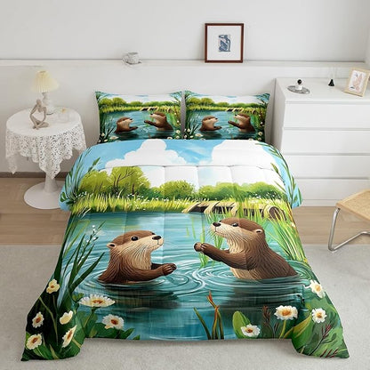 Cute Otter Comforter Set Full Size 3 Pcs Cartoon Pond Brown Wild Animal Bedding Sets for Kids Boys Girls Teens Natural Green Plants Floral Rustic Style Comforter Duvet Set with 2 Pillowcases