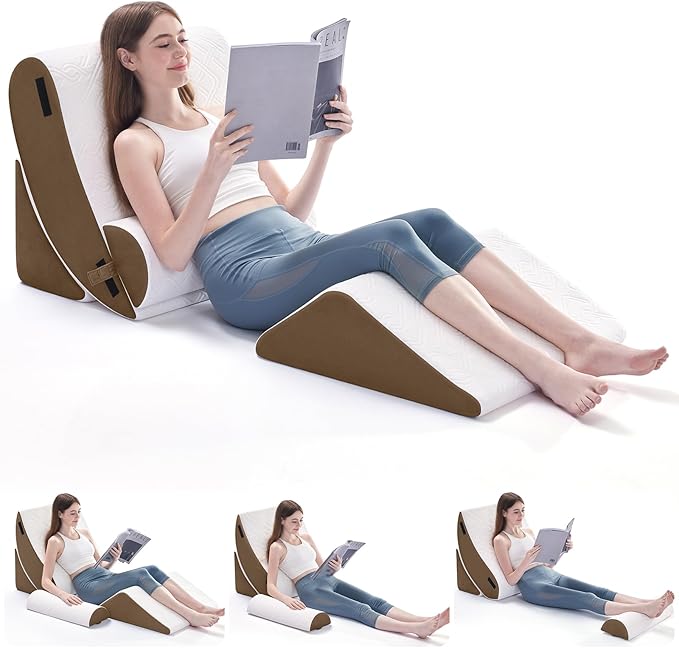 Wedge Pillow Set for After Surgery, 4 PCS Bed Wedge Pillow for Sleeping, Memory Foam Orthopedic Back Pillow for Pain Relief and Acid Reflux, Adjustable Post Surgery Pillow Brown
