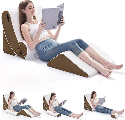 Wedge Pillow Set for After Surgery, 4 PCS Bed Wedge Pillow for Sleeping, Memory Foam Orthopedic Back Pillow for Pain Relief and Acid Reflux, Adjustable Post Surgery Pillow Brown