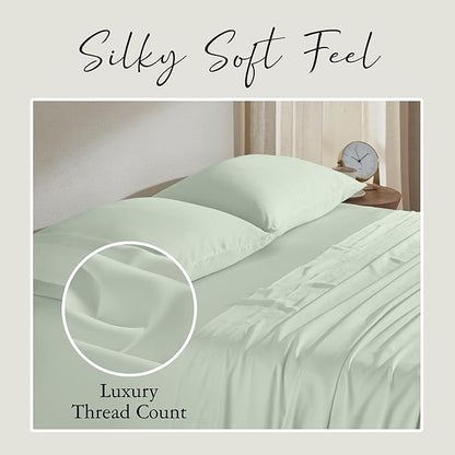 KARISSA MAE Cooling Bamboo Viscose Cal King Sheet Set | 100% Organically Grown | 18” Deep Pocket | Silky, Soft, & Hypoallergenic | with Organizer Band & Elastic Corner Straps [Sea Glass]