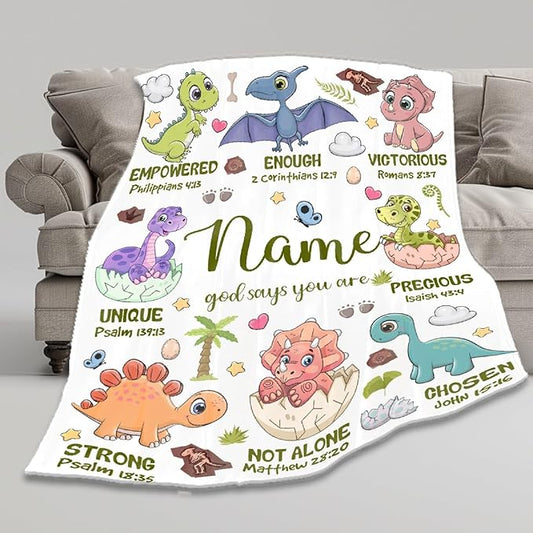 Personalized Dinosaur Blanket,Custom Dinosaur Gifts for Kids Boys,God Says I Am Themed Blanket,Meaningful Thoughtful Religious Baptism Christian Gifts,Bible Verse Quilt with Name,60"x80" for Adults