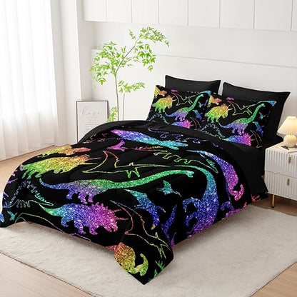 Rainbow Dinosaur Comforter Set (7 Piece) - Kids Bedding Black Dinosaur Duvet Set for Boys Girls Teens, Quilt Bed Set with 2 Pillow Shams, Flat Sheet & Fitted Sheet (Twin) - Room Decor Gifts