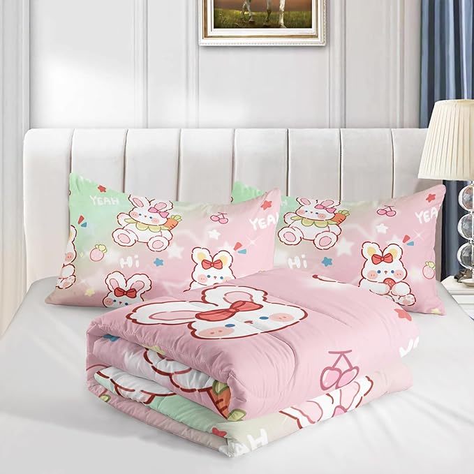 CVHOUSE Kawaii Rabbit Comforter Set Twin Size, Cartoon Pink Bedding for Kids, Cute Quilt Set With Strawberry Duvet, Bedroom Decor 3 Pieces