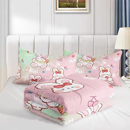 CVHOUSE Kawaii Rabbit Comforter Set Twin Size, Cartoon Pink Bedding for Kids, Cute Quilt Set With Strawberry Duvet, Bedroom Decor 3 Pieces