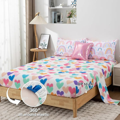 A Nice Night Lightweight Soft Cartoon Rainbow 6Pcs Twin Comforter Sets, Love Hearts Printed Bedding Set for Boys Girls,White