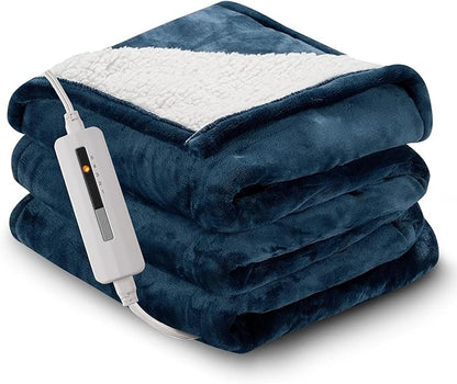 Electric Heated Blanket Throw Size 50"x60", 5 Heat Settings- 3H Auto Shut Off Flannel Material&Sheepskin Fabric, Machine Washable, Peacock Green&White