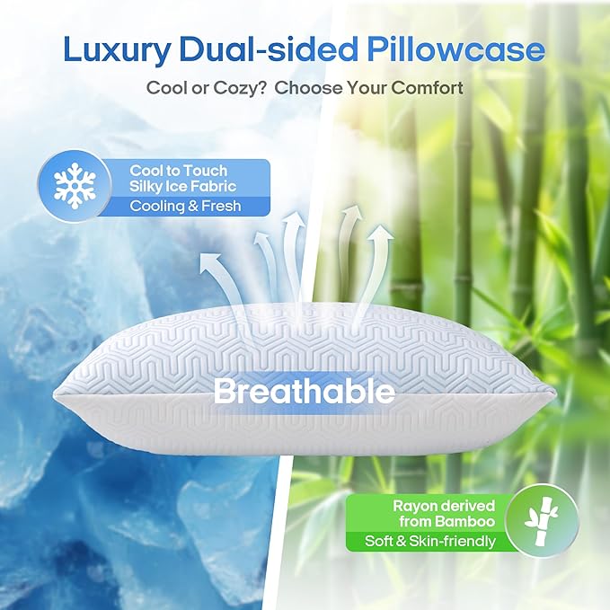 puredown® Cooling Goose Feather Down Pillow, Set of 1, Queen Size Bed Pillow Insert with Soft Cooling Pillowcase for Cool Sleep