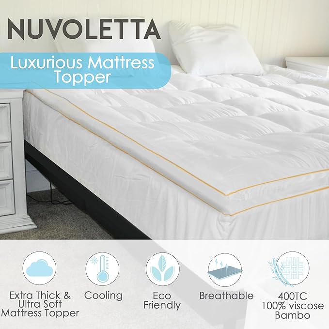 NUVOLETA King Mattress Topper, 100% Viscose derrived from Bamboo Cooling Mattress Bed Topper 400 TC Extra Thick Plush Topper with 21 inch Deep Pockets.