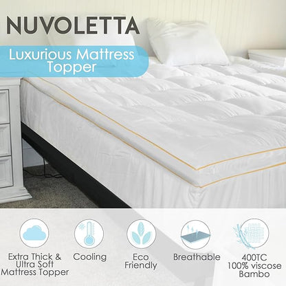 NUVOLETA King Mattress Topper, 100% Viscose derrived from Bamboo Cooling Mattress Bed Topper 400 TC Extra Thick Plush Topper with 21 inch Deep Pockets.