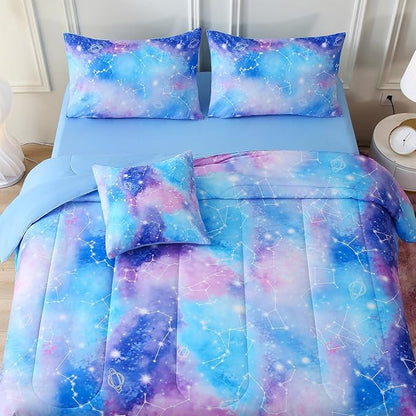 Galaxy Constellation Print Comforter Set Full Size Girls Gradient Bedding Set,6 Piece Bed in a Bag with Sheet Bedding Gift for Kids(Blue)