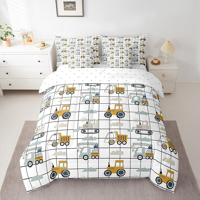 Feelyou Construction Truck Comforter Set with Sheets 7 Piece Twin Size Kids Machinery Truck Excavators Vehicles Bedding Set Cartoon Tractor Bed in a Bag Excavator Tractor Plaid Grid White Bed Set