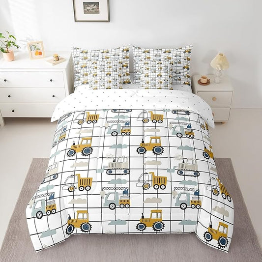 Feelyou Construction Truck Comforter Set with Sheets 7 Piece Twin Size Kids Machinery Truck Excavators Vehicles Bedding Set Cartoon Tractor Bed in a Bag Excavator Tractor Plaid Grid White Bed Set