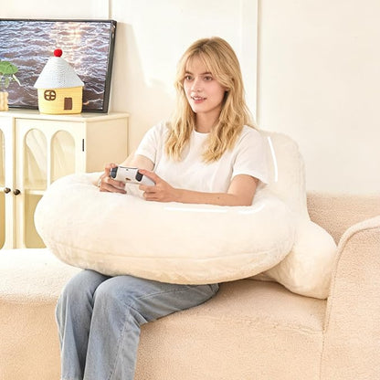 Reading Pillow for Bed,U Shaped & Back Support Pillow for Bed,19" Backrest with Lumbar & Arm Support,Luxurious Faux Rabbit Fur,Gaming PillowFor Crochet/Reading/Watching TV,White