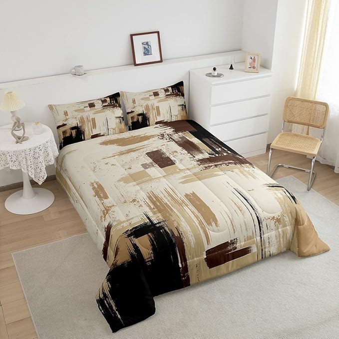 Feelyou Abstract Bedding Set Kids Modern Abstract Art Comforter Set Brown Grey Black Comforter for Boys Room Decor Lightweight Duvet Set Toddler Size with 1 Pillow Case