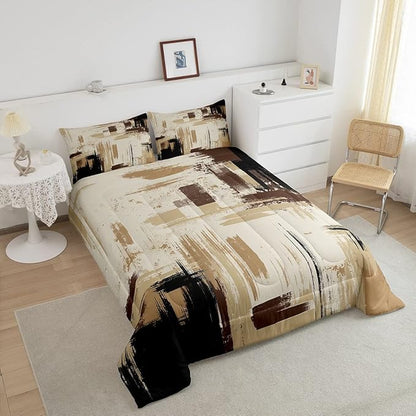 Feelyou Abstract Bedding Set Kids Modern Abstract Art Comforter Set Brown Grey Black Comforter for Boys Room Decor Lightweight Duvet Set Toddler Size with 1 Pillow Case