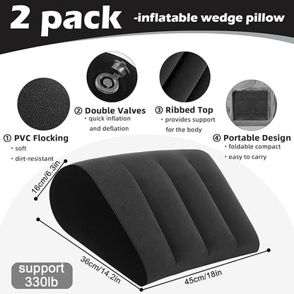 Portable Inflatable Wedge Pillow for Sleeping - 2 Pack Body Positioner for Body Support,18in Adjustable Camping Cushion,Lightweight Bed Back Elevation Partner Traveling Pillows,Fast Inflation Wedges