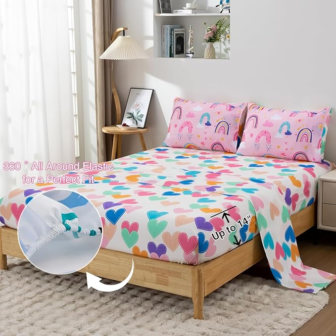 Holawakaka Boho Rainbow Full Comforter Set with Sheets, 5-Piece Bohemian Love Heart Bedding Set for Girls & Women - Super Soft Microfiber Kids Teen-Girls Full Size Pink Reversible Bed-in-a-Bag