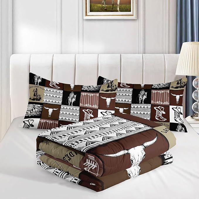 Western Cowboy Comforter Set Bull Skull Horse Printed Bedding Set with 1 Comforter and 2 Pillowcases for Boys and Girls Bedroom All Season(Cowboy-2 Queen)