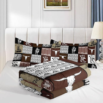 Western Cowboy Comforter Set Bull Skull Horse Printed Bedding Set with 1 Comforter and 2 Pillowcases for Boys and Girls Bedroom All Season(Cowboy-2 Full)