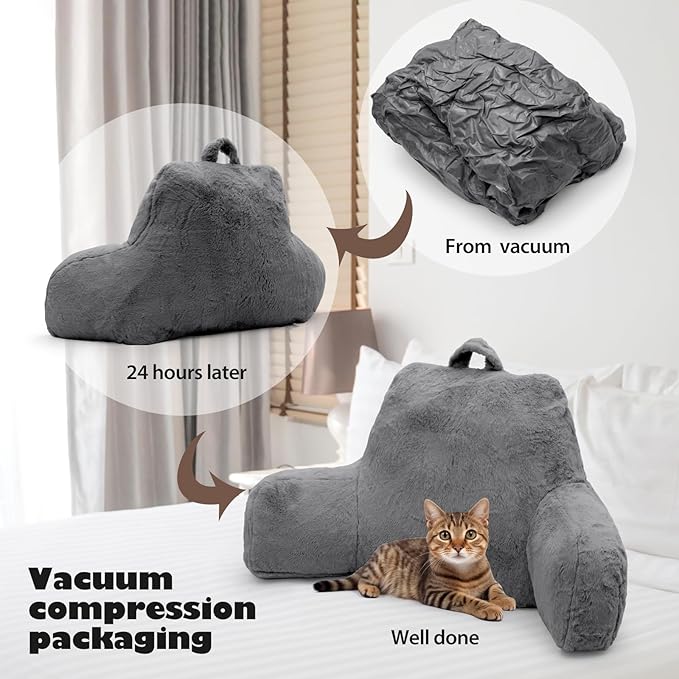 Reading Pillow for Sitting in Bed Adult, Standard Reading Pillow with Memory Foam, Back Pillow for Bed Sitting Up with Extend Arms, Grey