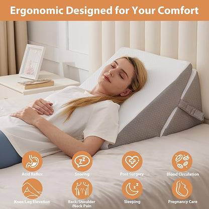 Wedge Pillow, 9&12” Adjustable Bed Wedge Pillow for Sleeping, Triangle Pillow for Back Pain Relief, Memory Foam Pillow Wedge for Post Surgery, Acid Reflux and Snoring, GERD, White/Grey