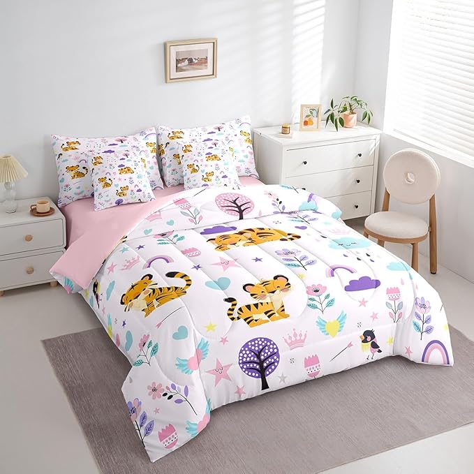 Erosebridal Floral Tiger 7 Pieces Bedding Set Cartoon Zoo Animal King Comforter Set with Sheets for Boys Girls Kids Room Decor Cute Flower Bed in a Bag Zoo Zoo Animal Bed Set