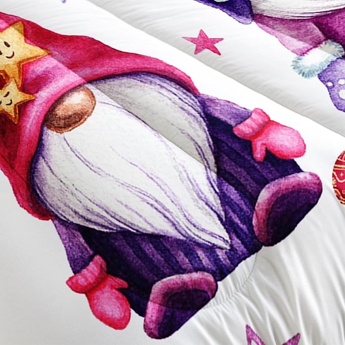 Christmas Kawaii Gnome Bedding Set for Kids Boys Girls, Rainbow Stars Pattern Xmas Santa Dwarf Comforter Set Full Size, Colorful Quilt for Christmas Decorations