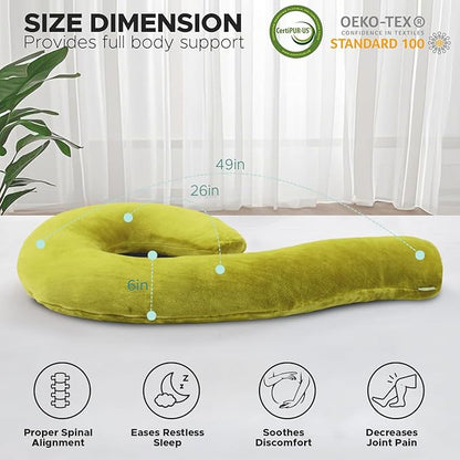 Body Pillow for Adults - Soft Long Bed Pillows Insert for Sleeping - Shredded Memory Foam and Removable Washable Cover - Swan Shaped Side Sleeper Pregnancy Pillow 49 Inch (Light Green)