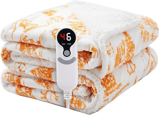 LUXIAN Electric Heated Blanket Throw Size50 x60 - Flannel & Sherpa Fabric Dual-Sided, 6 Heat Settings & 1-3 Hours Auto Off, Machine Washable,Christmas Santa Forest, Orange and White