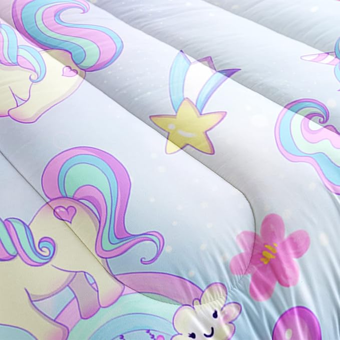 Kid Unicorn Comforter Set Full Size 3Pcs White Cloud Star Love Heart Pattern Quilt Balloon Bedding Set for Boys Girls with 1 Comforter and 2 Pillowcases