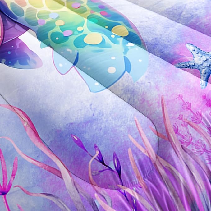 Kids Comforter Set Turtle Printed Pattern Bedding Set Queen Size,Purple Waterweed Jellyfish Starfish Pattern Bedding Set for Kids Girls Boys Room Decor with 2 Pillowcases.