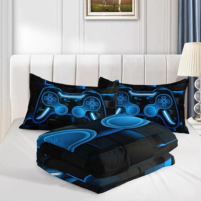 Axolotl Gamepad Comforter Set King Size,Boys Gaming Console Comforter,3D Blue Grid Print Bedding Set,Modern Gaming Controller Geometry Bedding for Adult Teens Men,1 Quilt 2 Pillowcases,Blue Black