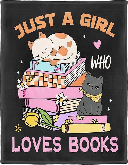 Cat Lover Blanket, Just A Girl Who Loves Books Blanket, Soft Warm Cozy Fleece Throw, Gifts for Girls Women Kids, 60"x80", Black