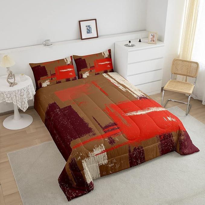 Feelyou Abstract Bedding Set Comforter Set for Kids Boys Girls Teens Room Decor Modern Abstract Art Comforter Brown Orange Duvet Set 3Pcs King Size