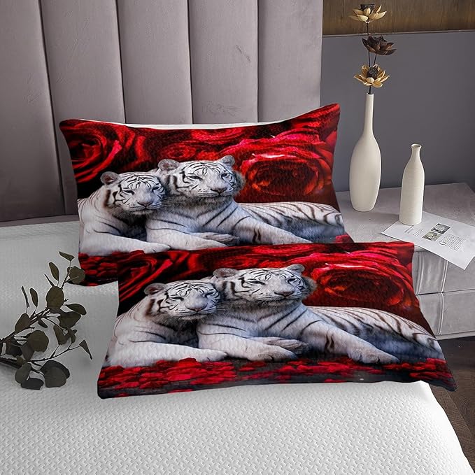 Tiger Bedspread Set King Size,Red Rose Flower Bedspread Quilt Set for Boys Girls,African Safari Animals Coverlet Set,Big Cat Wild Animal Skin Quilt Set,Romantic Garden Floral Bedroom Decor