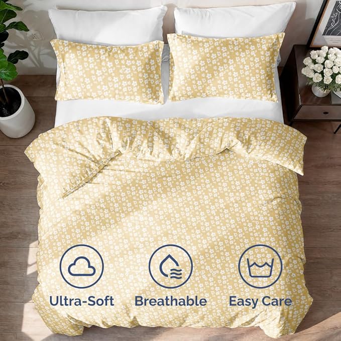 Duvet Cover Twin/Twin XL Size Set - Extra Soft Floral Duvet Cover 68 x 90 with 1 Pillow Sham - Comfy, Breathable Floral Bedding Set - Hotel Luxury & Fade Free w/ Zipper Closures & Ties - Yellow Meadow